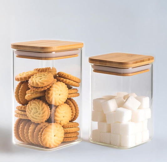38 oz Glass Food Storage Jars with Airtight Lids, Clear Glass Jar with Bamboo Lid, Airtight Food Canister for Tea, Candy, Coffee, Sugar, Cookie, Snack. (Square | 5+6 Inch)