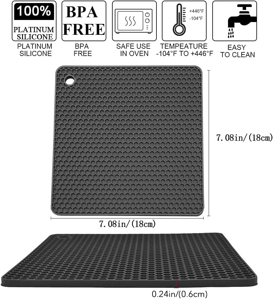 Silicone Trivets for Hot Pots and Pans, Multi-Purpose Trivet Mat for Hot Dishes Set of 4, Heat Resistant Durable Flexible Silicone Pot Mat for Countertop, Easy to Wash and Dry, Dark Gray, Square