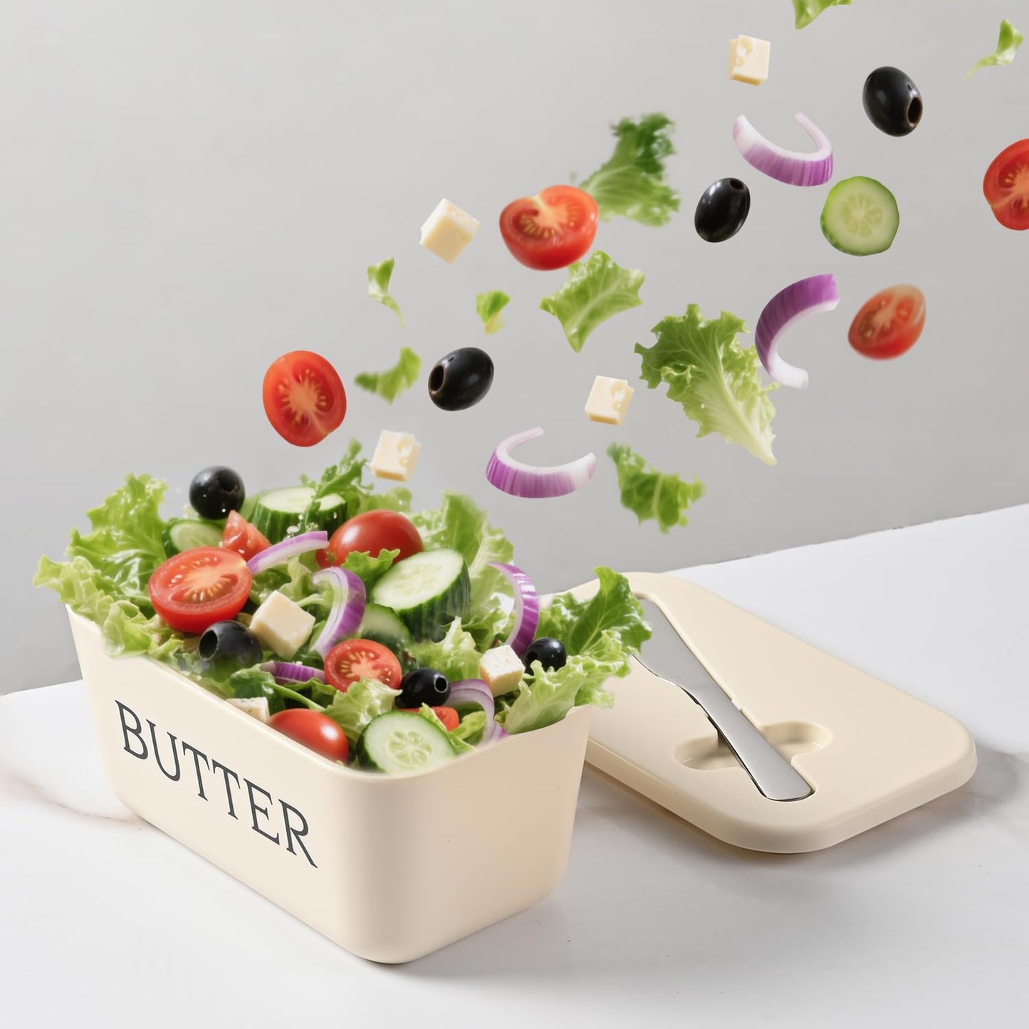 Butter Dish With Lid And Knife For Kitchen Coutertop,Food Grade PP Butter Holder With Cover And Stainless Steel Knife,Large White Butter Conainter