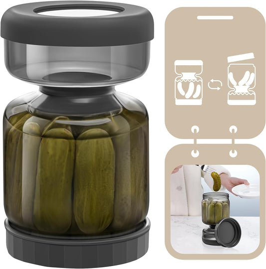 Luvan Pickle Jar with Strainer Flip, 34oz Pickle Container with Strainer, Upside Down Pickle Flip Jar,Glass Pickle Holder with Leakproof Airtight Lid, Hourglass Pickle Storage for Olive,Jalapeno-Grey