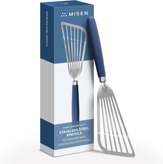 Misen Fish Stainless Steel Spatula - Slotted Turner for Cooking - Perfect for Frying - Heat Resistant - Dishwasher Safe -1mm Thick Flexible Flipper - Soft Silicone Grip Handle for Easy Use