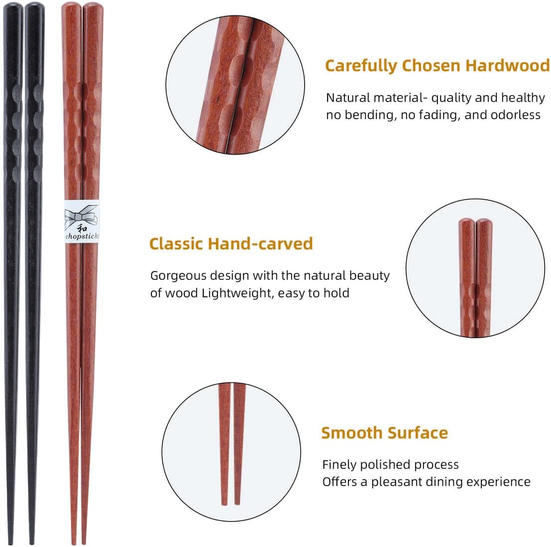 10-Pairs Set of Wooden Chopstick - Reusable Chopsticks and Minimalism Japanese Chopsticks Non-slip Design 8.8 Inch / 22.5 cm Gift Set