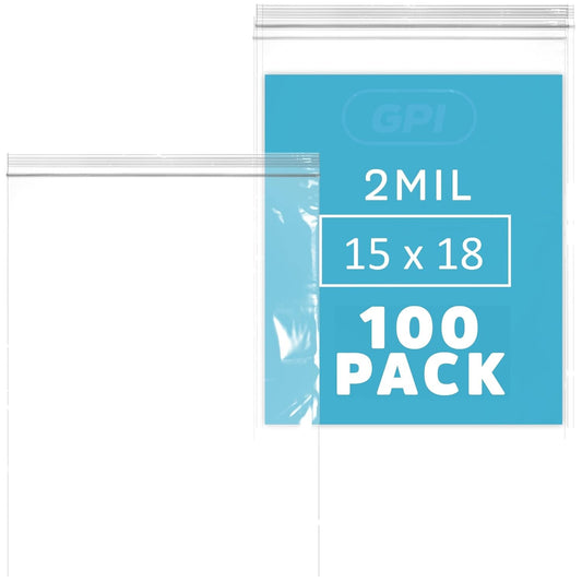 GPI - 15" x 18", Pack of 100, Clear Plastic Reclosable XL Zip Bags, 2 Mil Thick, Zip Poly Bags with Resealable Lock Seal Zipper for Food, Apparel, Shirts, Household, School & Office Supplies