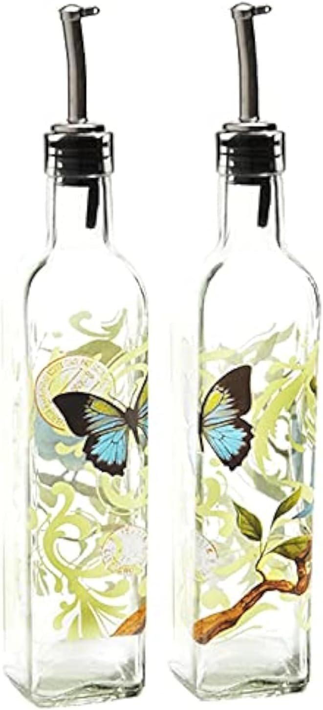 DUSVALLY Olive Oil Bottle Dispenser, Oil and Vinegar Bottles Set, Hand Painted Glass Dispenser Oil Bottle with Leak Proof Pourer Spout for Kitchen Cooking or Salad Dressing, 17 oz, 2 Pack