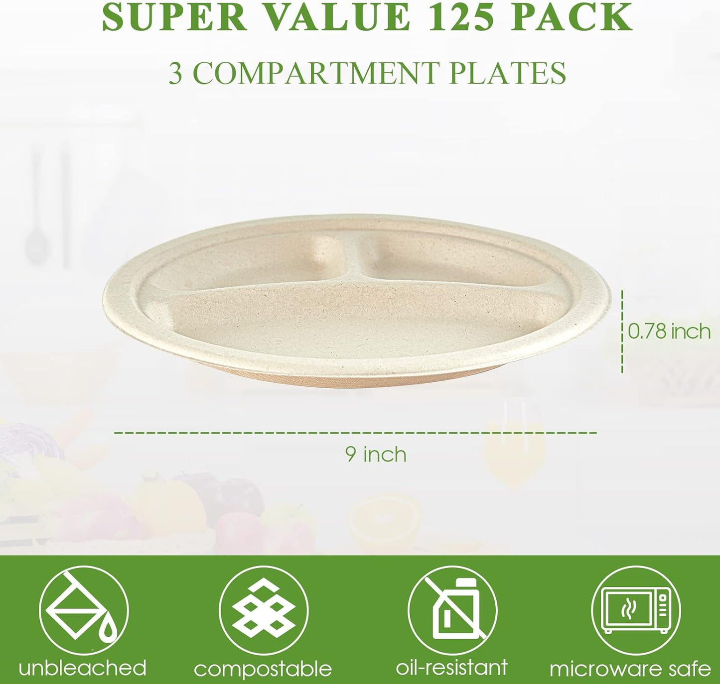 Vplus 100% Compostable Paper Plates, 125 Pack 9 Inch 3 Compartment Plates Disposable, Heavy Duty Biodegradable Plates Made of Sugar Cane Fibers, for Daily meals, Dinner, Parties, BBQ