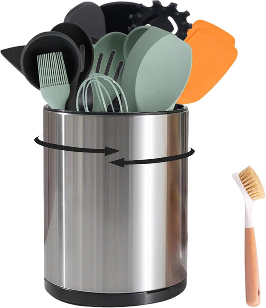 Kitchen Utensil Holder - 360° Rotating Stainless Steel Countertop Organizer (with Cleaning Brush) for Spoons, Spatulas & Cutlery Storage, Cooking Silverware Caddy with Removable Base, Silvery