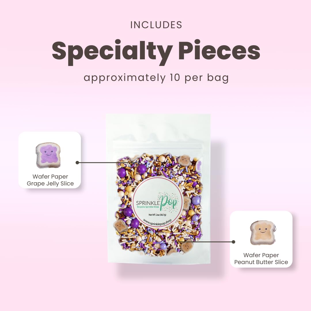 Sprinkle Pop PB&J Sprinkle Mix| lavender Purple Gold Cream Chocolate Sprinkles with ~10 Peanut Butter & Grape Jelly Slice Wafer Papers| Sprinkles Made in USA for Decorating Cake Cupcakes Cookies, 2oz