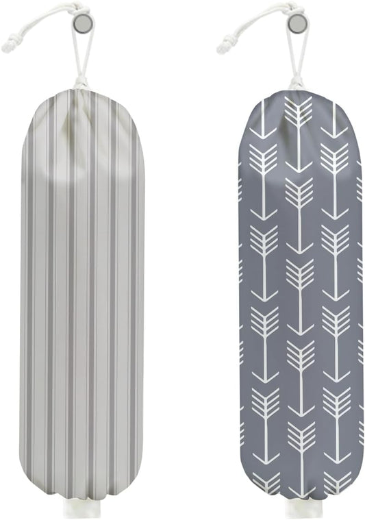 2Pcs Minimalism Stripe Plastic Bag Holder, Wall Mount Grocery Bag Holder for Plastic Bags, Abstract Art Arrow Reusable Organizer Grocery Bags with Drawstring, Housewarming Gifts for Women Mom