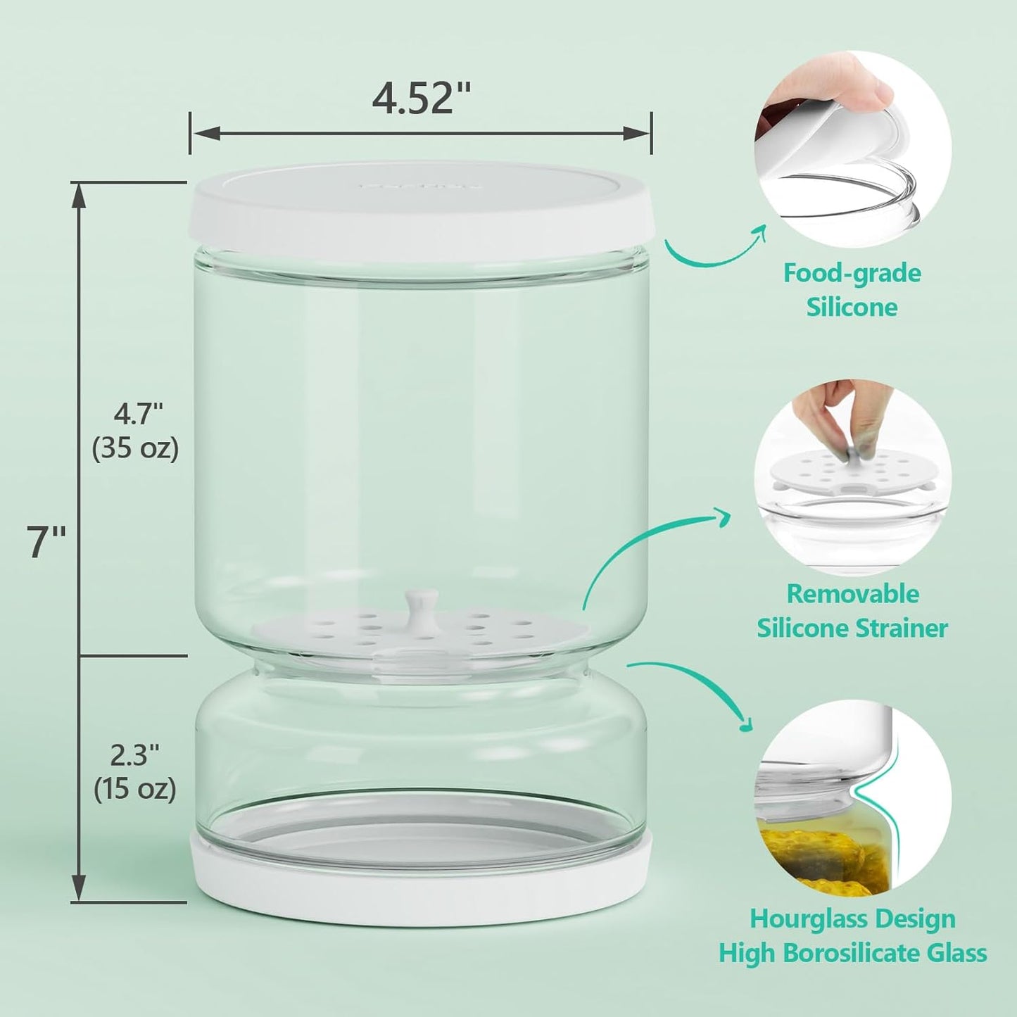 Pickle and Olive Container with Strainer Flip - 50 OZ Airtight Glass Jar for Pickle Lover, Versatile Food Keeper, Kitchen Organization Must-Have, BPA-Free, Dishwasher Safe (White)