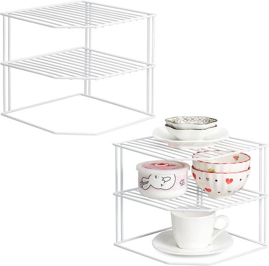 ROFAY Kitchen Cupboard Organiser, 3 Tier White Corner Plate Rack for Kitchen Cupboard Storage - Cupboard Shelf Insert Organiser (Pack of 2)