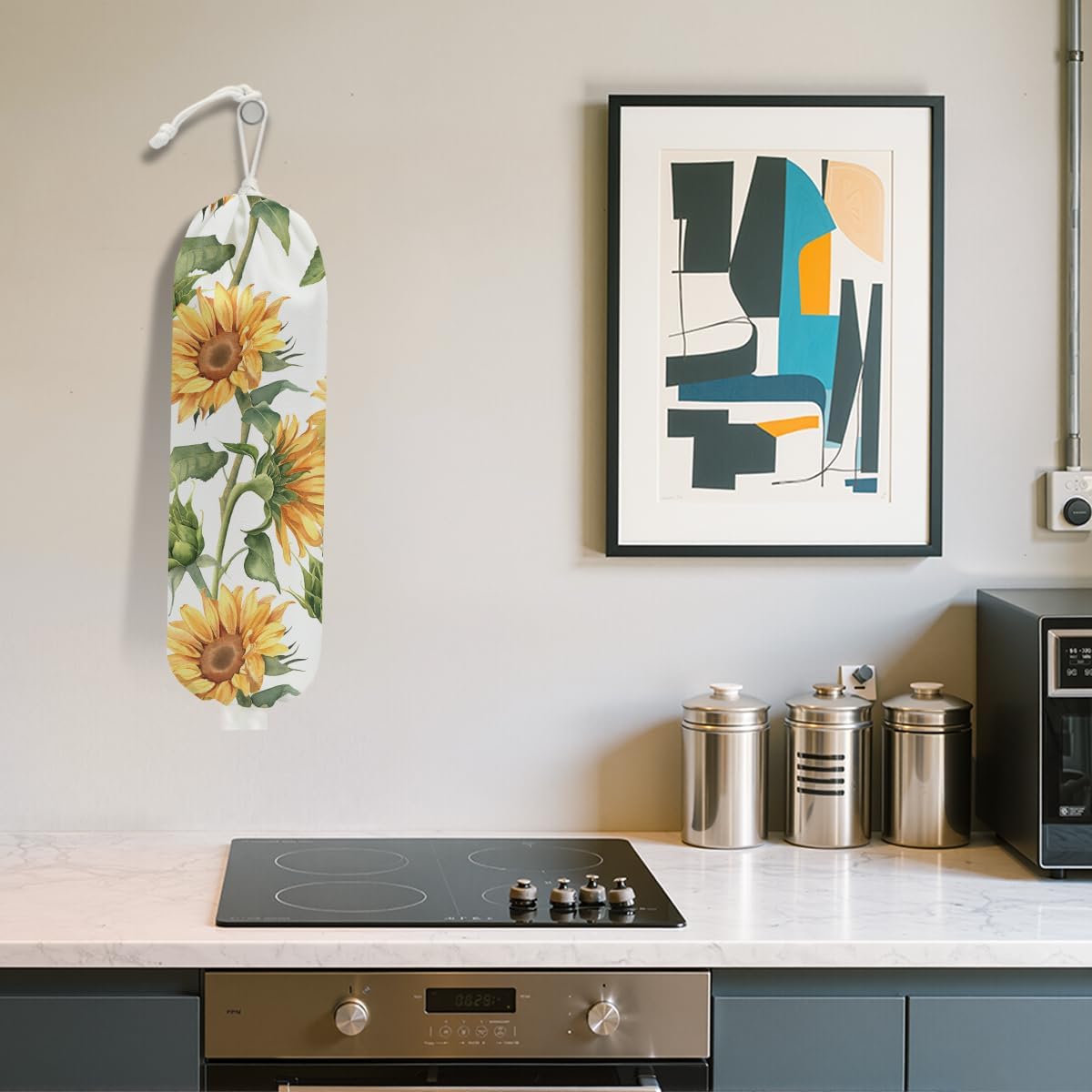 Sunflower Plastic Bag Holder for Kitchen Essentials, Wall Mount Grocery Bag Holder for Plastic Bags, Summer Sunflower Reusable Grocery Bags Storage Dispenser for Home Kitchen Pantry Farmhouse