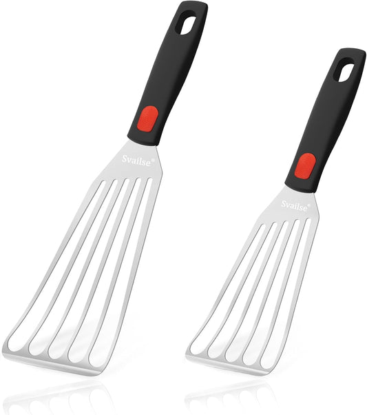 Fish Spatula Stainless Steel, Flexible Metal Spatulas with Silicone Handle, Slotted Turner for Kitchen, Cooking, Grilling, Flipping, Turning, Egg, Pancake and Burger (Small and Large)