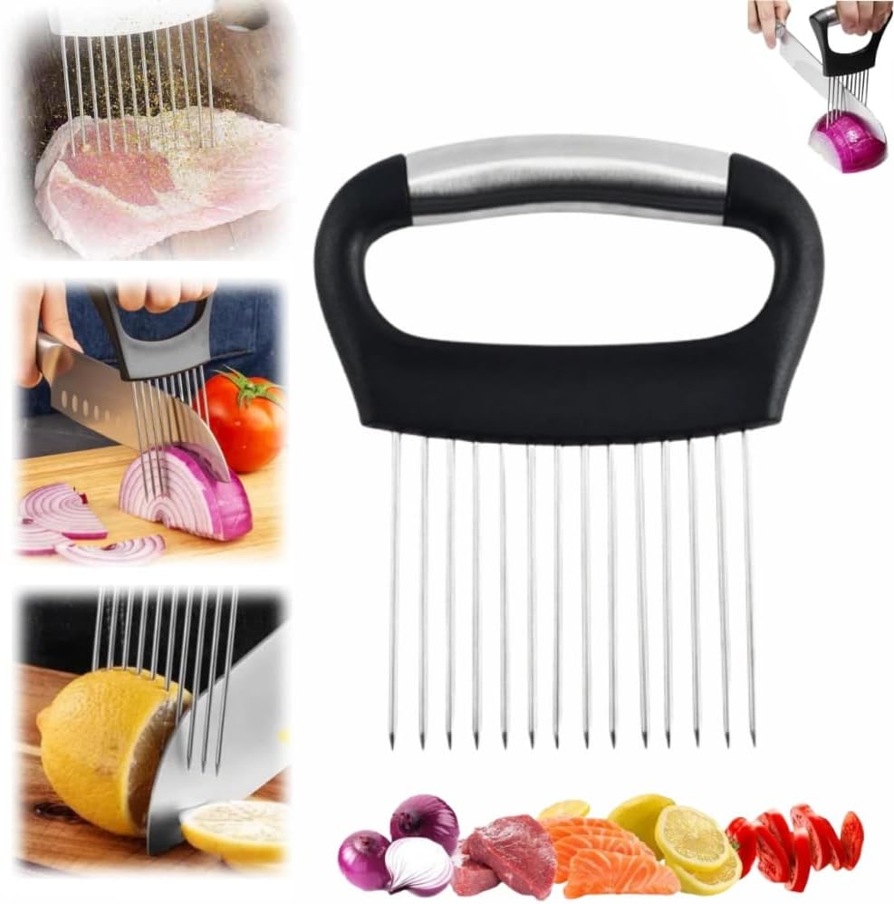 Onion Slice Holder, 2025 Upgraded Stainless Steel Onion Holder for Slicing Lemon Slicer Vegetable Cutter, Kitchen Chopper Slicing Assistant Tool for Meat, Onion, Potato, Tomato (1, D)