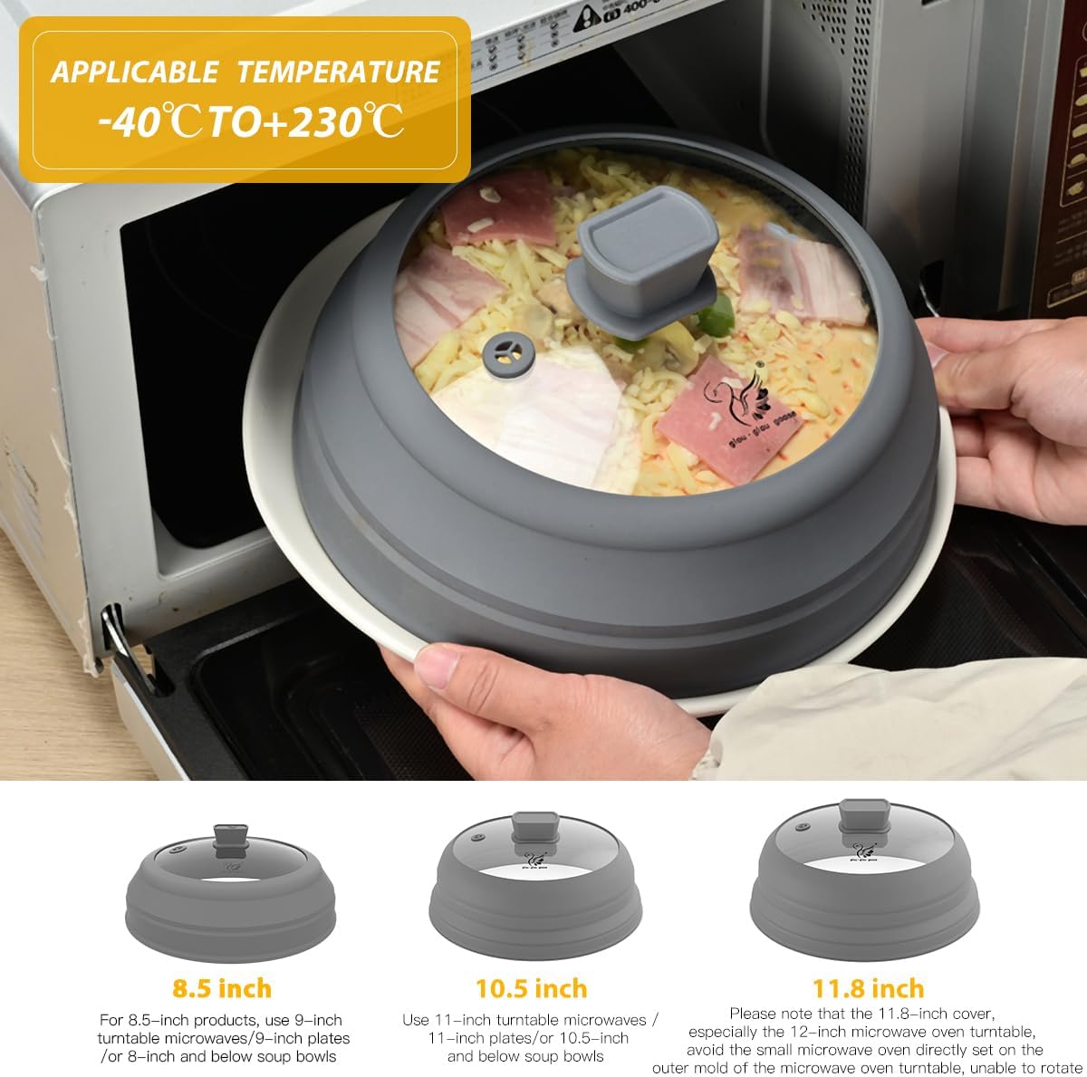 Microwave Splatter Cover Glass Splatter Guard Lid with Collapsible Silicone for Food Plate Cover 8.5 inch Grey