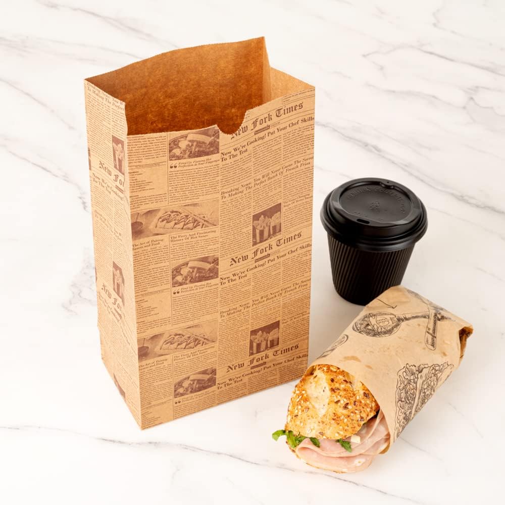 Restaurantware Bag Tek 6 Lb Disposable Lunch Bags 100 Sturdy Take Out Bags - Flat Bottom Microwavable Kraft Newsprint Design Paper Bags Freezable Great For Restaurants Cafes And Bakeries