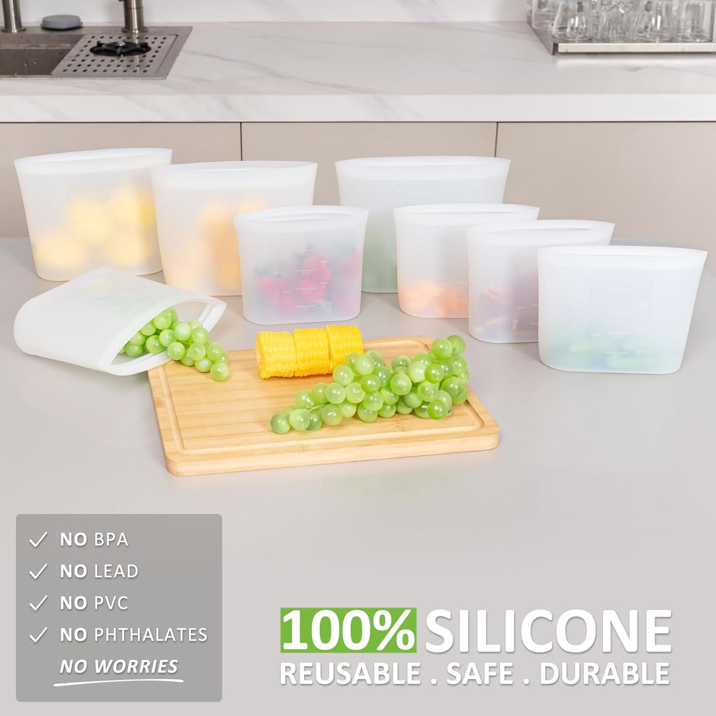 Reusable Sandwich & Snack Bags, 8 Pack 100% Silicone Stand Up Zip Lock Food Storage Bags for Food Container, Freezer Microwave Oven Dishwasher Safe, 4 Small 4 Extra Small, Translucent