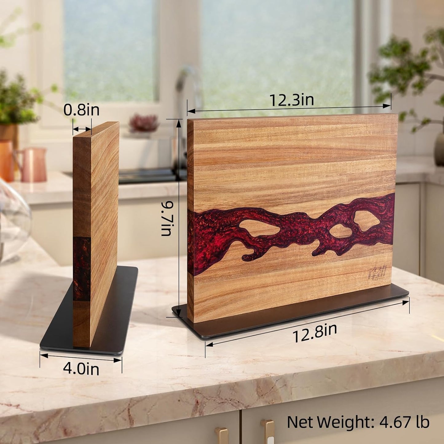 FINDKING Magnetic Knife Block, Double Sided Holder, Powerful Magnet Kitchen Storage, Acacia Wood and Red Resin (12 x 10 Inches, Without Knives)