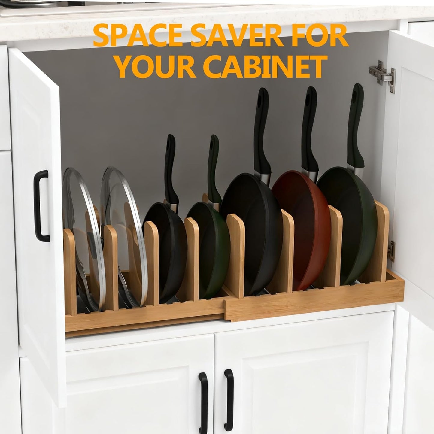 Pots and Pans Organizer Under Cabinet, Bamboo Expandable Pot Lid Organizer Holder Rack with 10 Removable Dividers