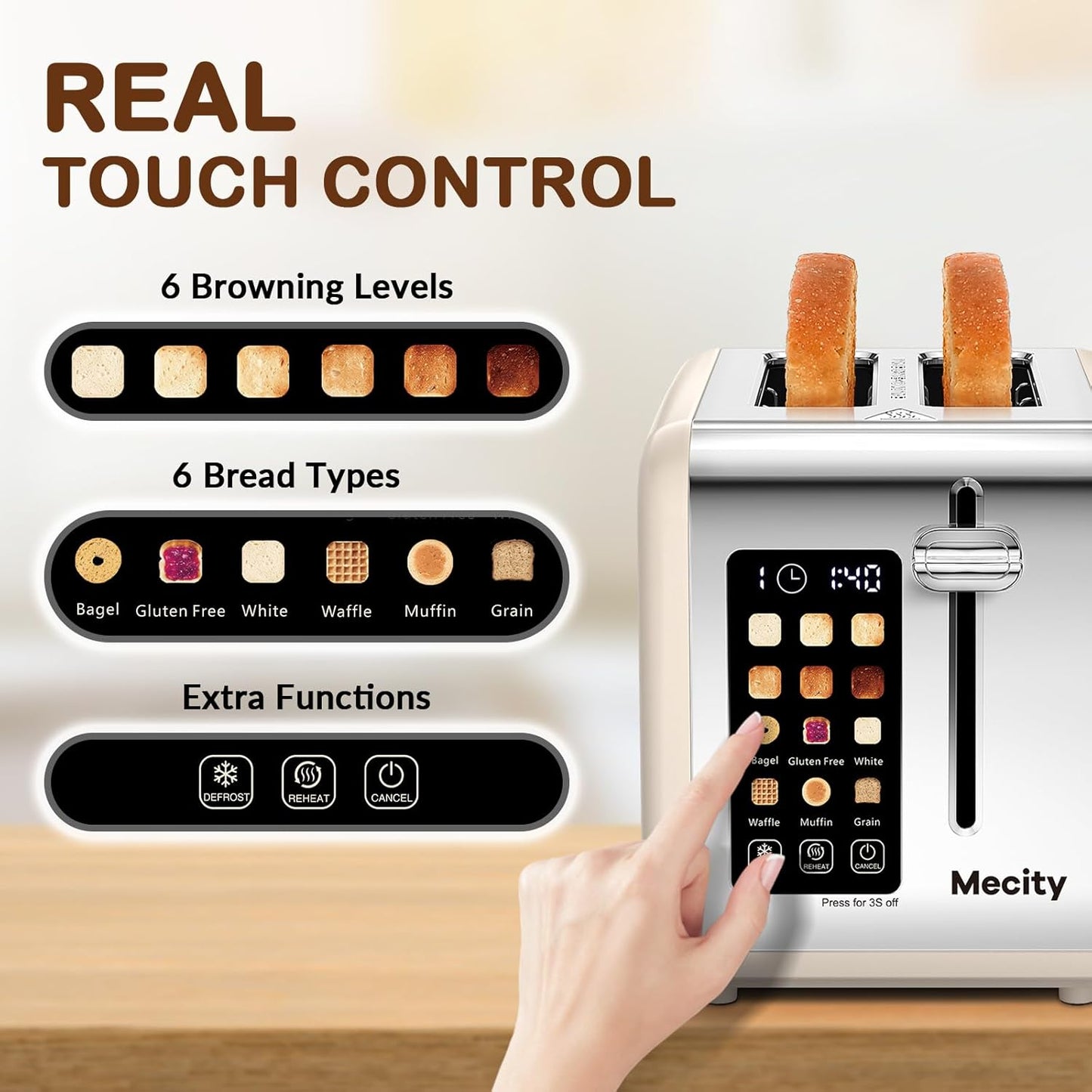 Mecity 2 Slice Touch Screen Toaster, 1.5" Wide Slot, Stainless Steel Smart Toaster for Bagels, Muffins, Waffles, Gluten-Free Breads, Defrost, Reheat, Timer, 120V 825W, Cream Color