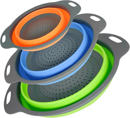 Tri-Color Silicone Collapsible Colander Set (3Pcs 2/4/6 QT) - Space Saving Foldable Strainers with Non-Slip Base for Pasta, Veggies & Camping, Dishwasher Safe Instant Fold Kitchen Gadget