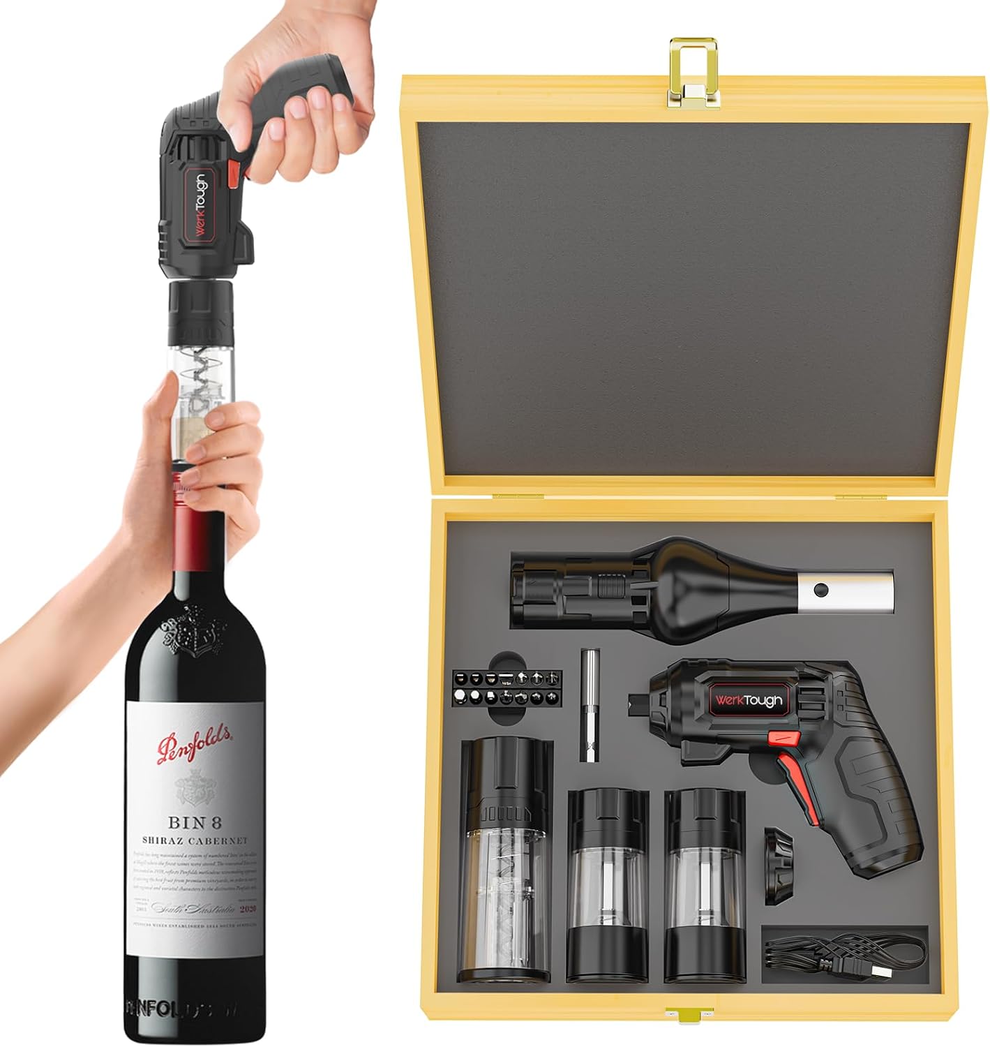 Werktough 4V Electric Corkscrew Wine Opener Set Cordless Screwdriver Battery Powerd with 4 Grill Accessories, Five-in-One Power Tool Kit for Home, Kitchen, and BBQ Lovers