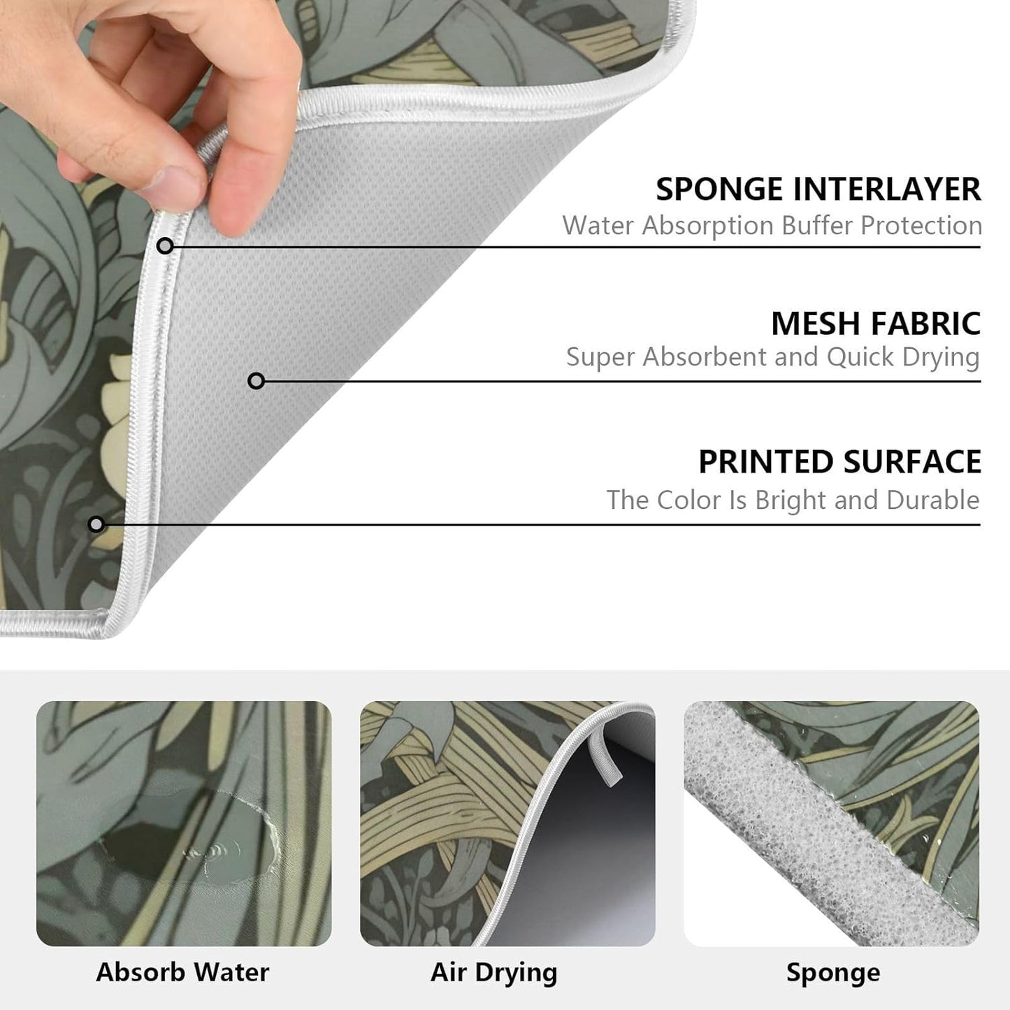 William Morris Flowers Print Dish Drying Mat for Kitchen Counter Absorbent Microfiber Large Drying Pad Dish mats for Kitchen Countertops 18 x 24 Inch