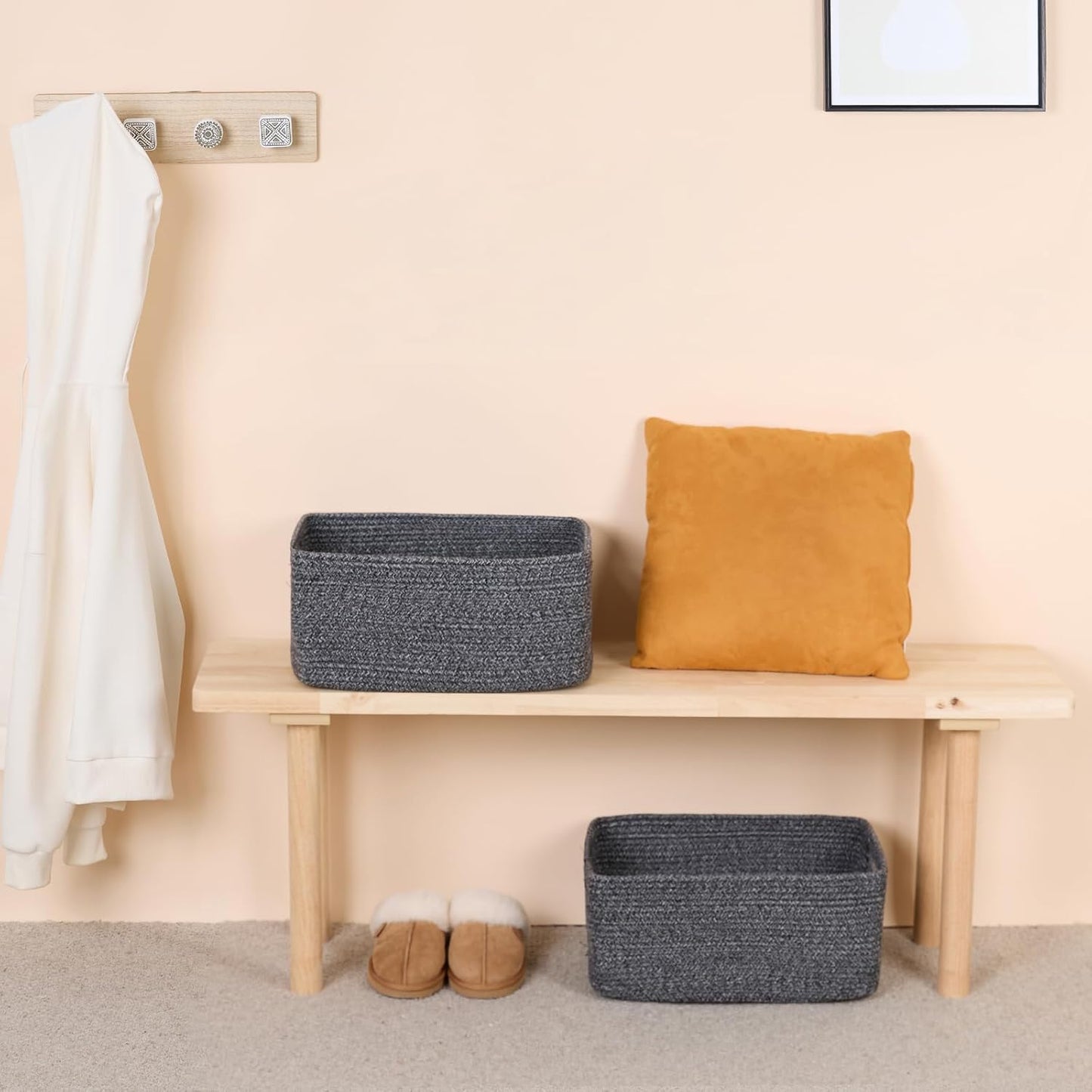 Large Storage Baskets for Organizing, Closet Shelf Baskets for Clothes Blanket Towels, Baby Nursery, Toy Bins Box, Woven Rope Baskets, 17 x 13 x 7.5”, 4 Packs Dark Gray