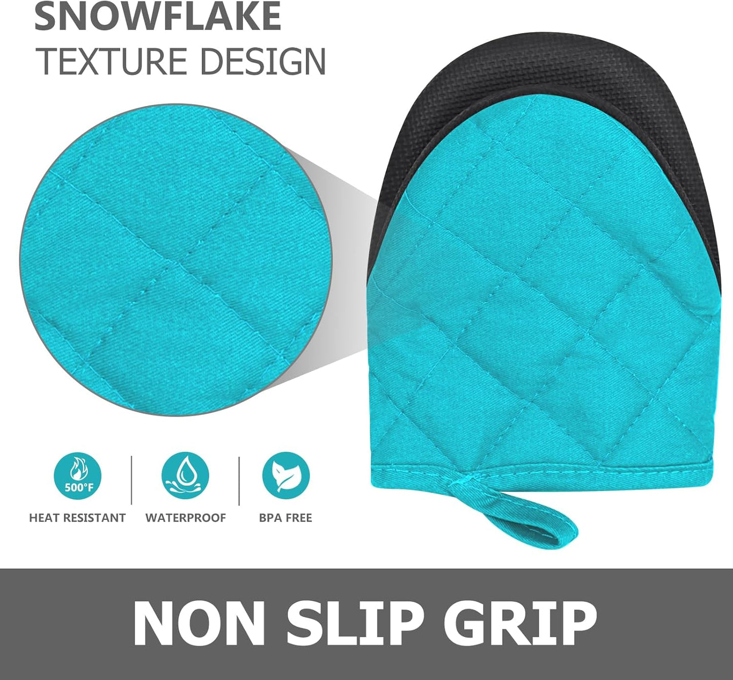 1 Pair Short Oven Mitts - Silicone Kitchen Oven Gloves High Heat Resistant 500℉, Mini Oven Mits with Non-Slip Grip Surfaces and Hanging Loop for BBQ, Baking, Cooking and Grilling (Coral Blue)