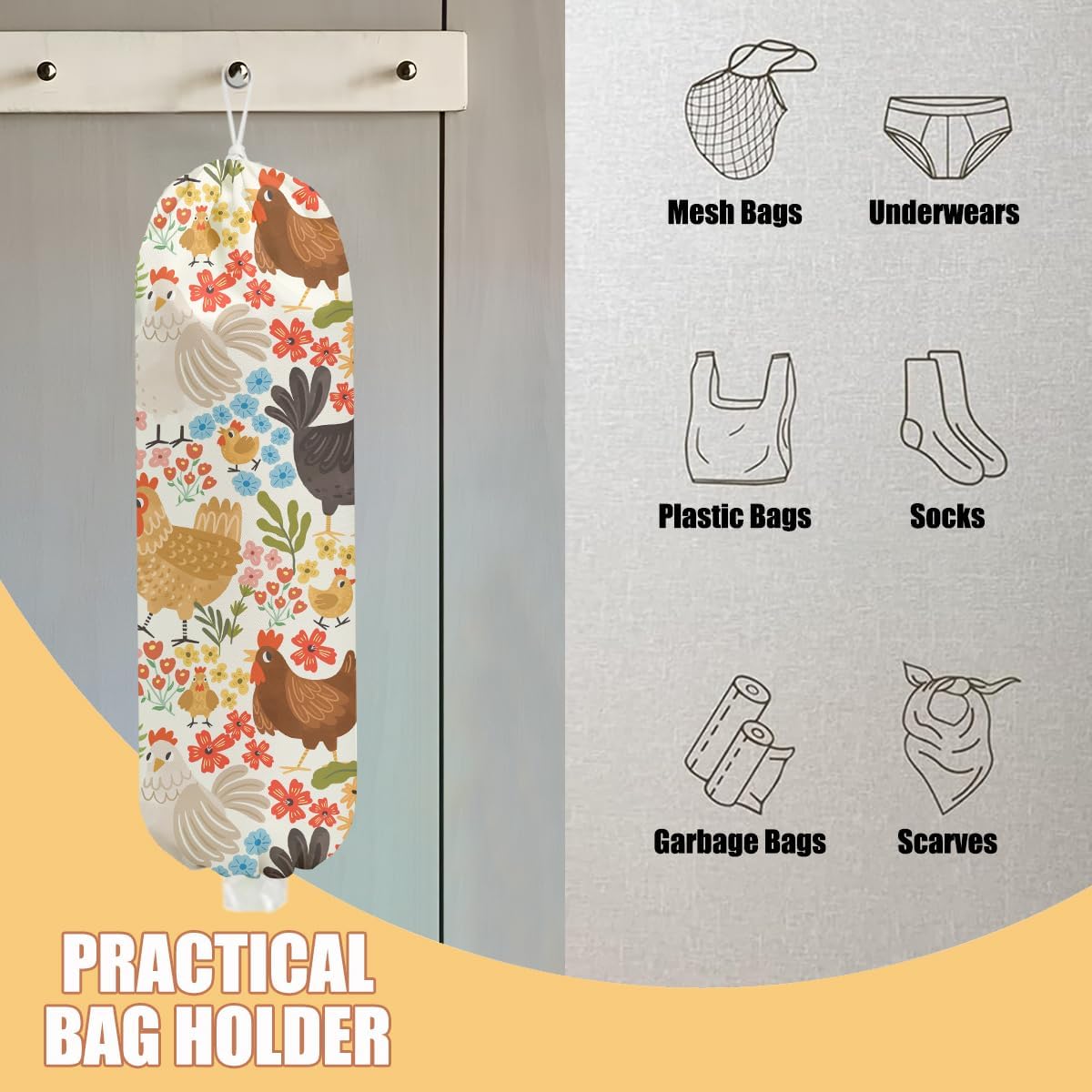 Chicken Plastic Bag Holder, Wall Mount Grocery Bag Holder, Plastic Storage bag, Pull Rope Free Adjustment, Plastic Bag Holders for Grocery Bags, Plastic Bag Dispenser for Home Kitchen