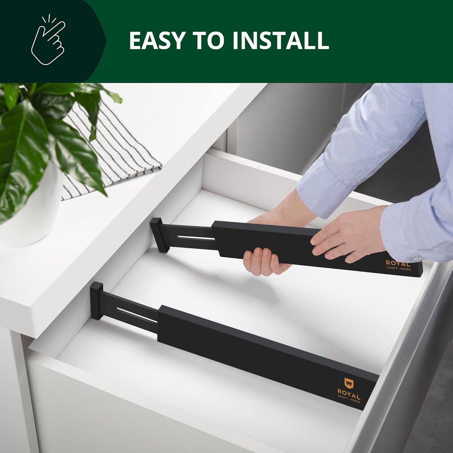 ROYAL CRAFT WOOD Adjustable Bamboo Drawer Dividers – Expandable Organizer for Kitchen, Bedroom, Bathroom, Dresser & Office – 4-Pack 17-22", Black