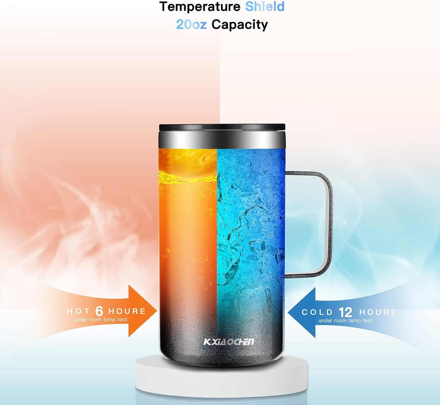 KXIAOCHEN 20oz Insulated Coffee Mug with Lid, Stainless Steel Coffee Cup, Double Wall Vacuum Coffee Tumbler with Handle, Premium Thermal Travel Coffee Mug (Glitter Black)