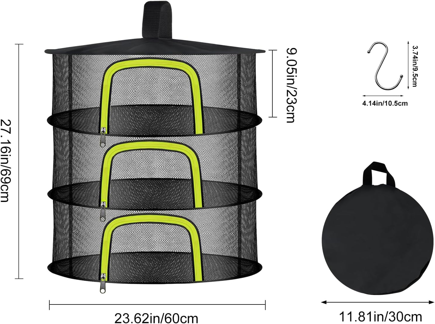 3 Layer Herb Drying Rack, Herb Drying Rack Hanging Mesh, Foldable Bud Drying Net with U-Shaped Zipper, Hooks, for Drying Herbs Plants, Flowers, Fruits, Food, Camping (3 Layers-23.62'')