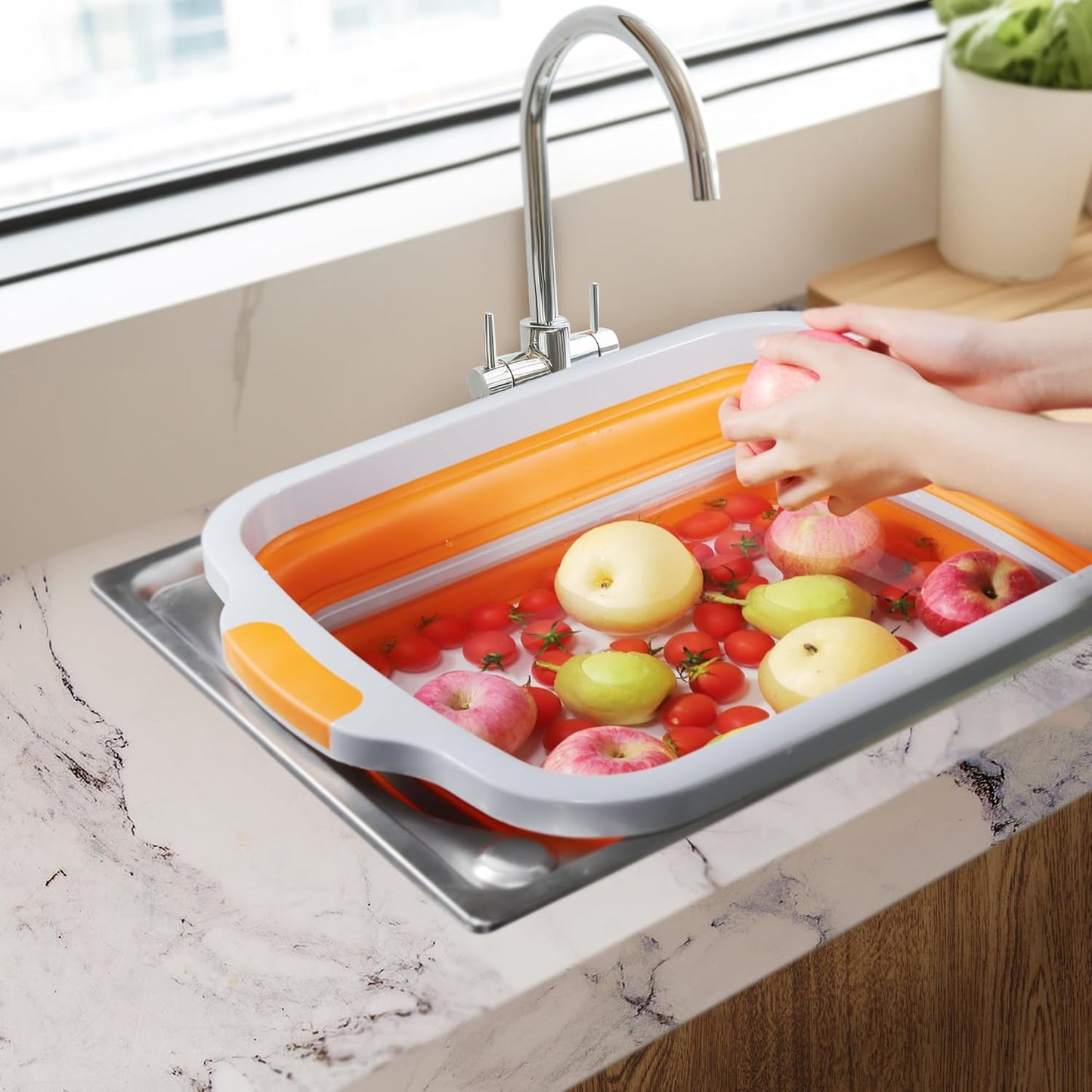 Large 4.22 Gal / 16L Collapsible Cutting Board with Container, Foldable BBQ Prep Tub, Sapce Saving Dish Basin for Kitchen, Camping, Picnic, Vegetable and Fruit