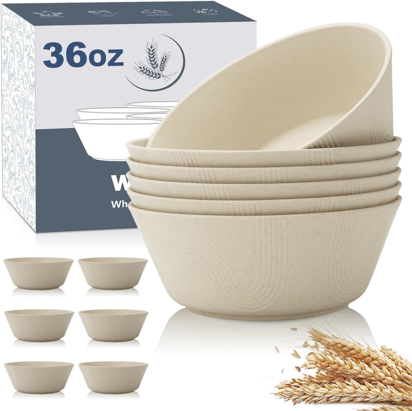 Wheat Straw Bowl Sets with Textured Pattern,6 PCS Unbreakable Cereal Bowl 36 OZ,Microwave and Dishwasher Safe Bowls,Soup Bowl Sets BPA Free for Salad (Beige