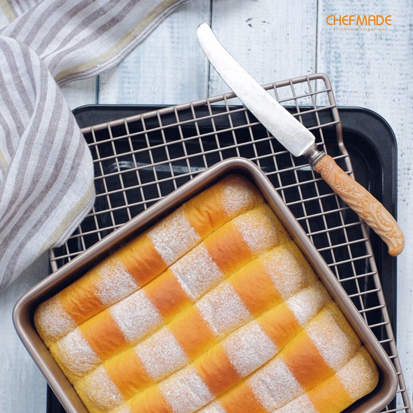 CHEFMADE Square Cake Pan, 8-Inch Deep Dish with Removable Loose Bottom Non-Stick Square Bakeware for Oven Baking (Champagne Gold)