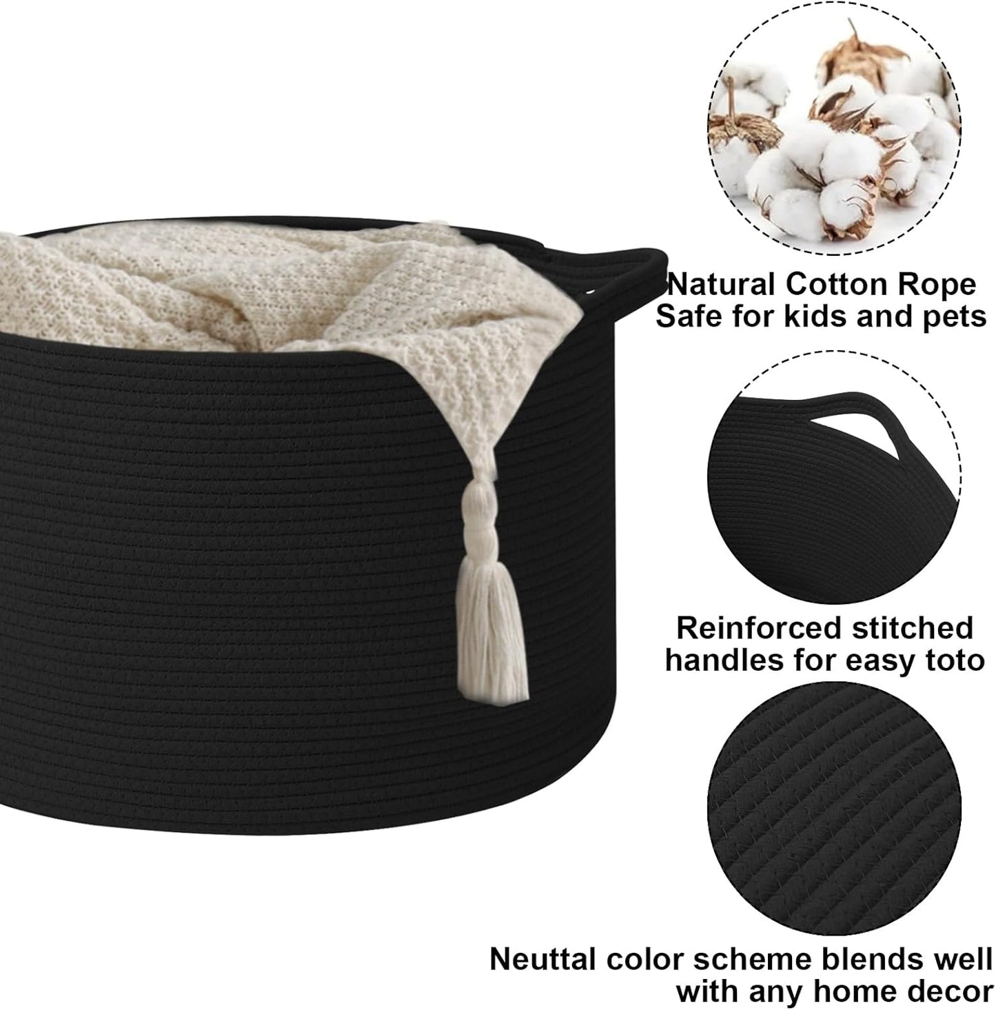 Large Blanket Basket for Organizing,115L Closet Organizers and Storage Bins Box for Shelves Woven Rope Storage Baskets,Living Room,Bedroom,Dorm,Laundry room (Black)