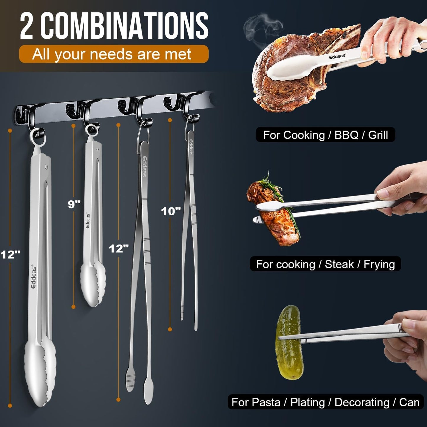 Tongs For Cooking - Heat Resistant 600 Degrees, All Metal Kitchen Tweezers Tongs, Heavy Duty Stainless Steel Cooking for Food, Grill, BBQ, Dishwasher safe Set of 4 (12" & 9in)