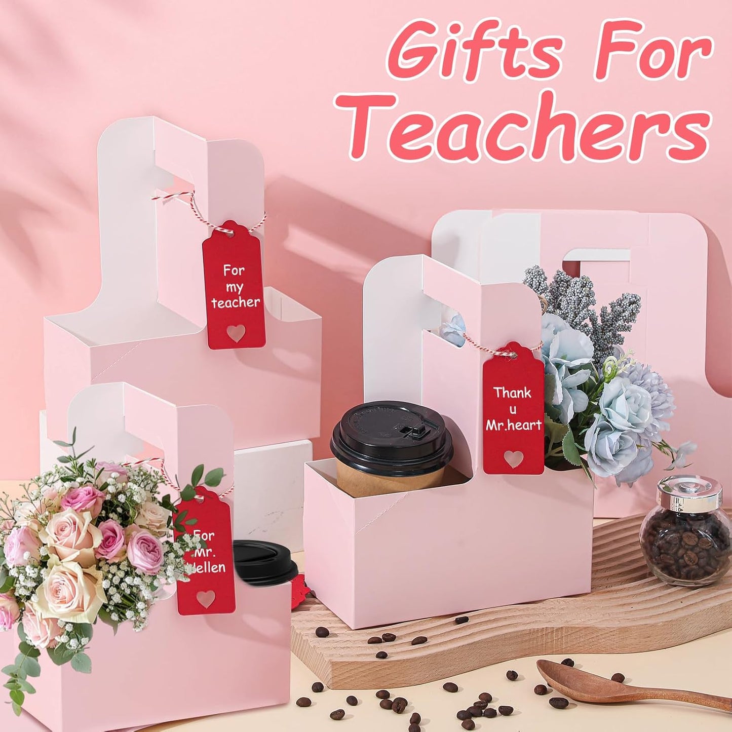 10 Pack 2 Cup Disposable Pink Drink Carrier with Handle Paperboard Coffee Cup Holder Portable for Hot Cold Drinks Food Delivery Services with Heart Card for Teacher Appreciation Week Mother's Day