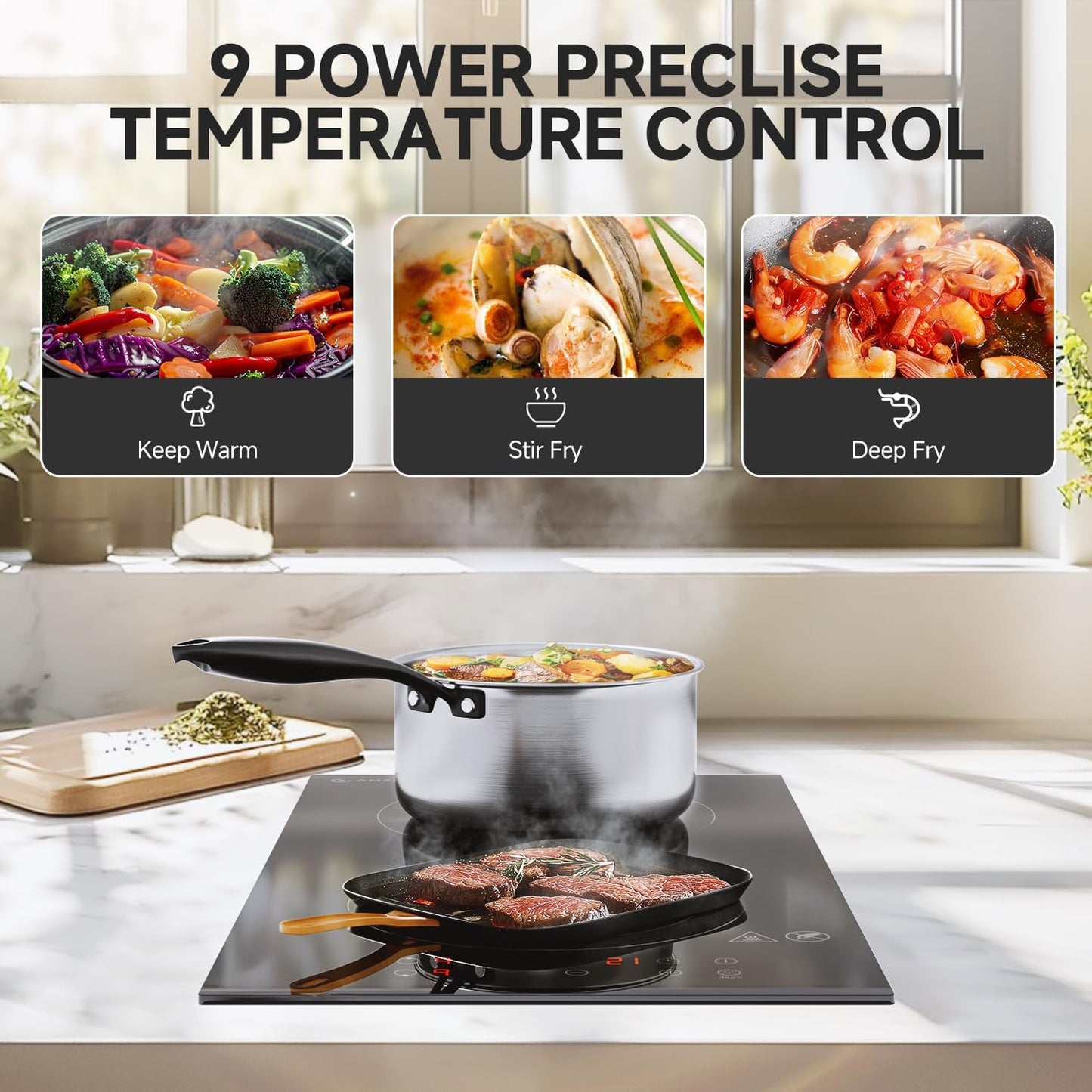AMZCHEF Induction Cooktop 2 Burners, 12 Inch Bulit-in & Countertop Induction Stove with Plug 110V-120V, 9 Power Levels Electric Stove 1800W, Child Lock, Timer, Touch Control for Fast Cooking