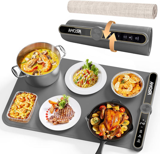 Warming Mat for Food, Fast Heating Electric Food Warmers with 9 Level Temperature and 6 Hours Timer, Large Roll Up Silicone Food Heating Mat, Portable Warming Trays for Buffets Party (Grey)
