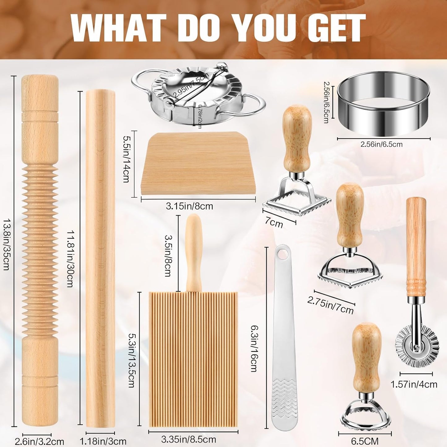 11 Pcs Pasta Making Tools Kit - Includes Wooden Gnocchi Board with Ravioli Stamp Cutter, Threaded Rolling Pin, Dumpling and Pasta Maker - Gift for Homemade kitchen Baking Lovers
