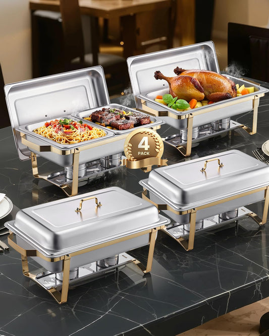 VEVOR Chafing Dish Buffet Set, 8 Qt 4 Pack, Stainless Steel Chafer with 2 Full Size and 4 Half Size Pans, Rectangle Catering Warmer Server with Lid Water Pan Stand, for Weddings Parties Banquets, Gold