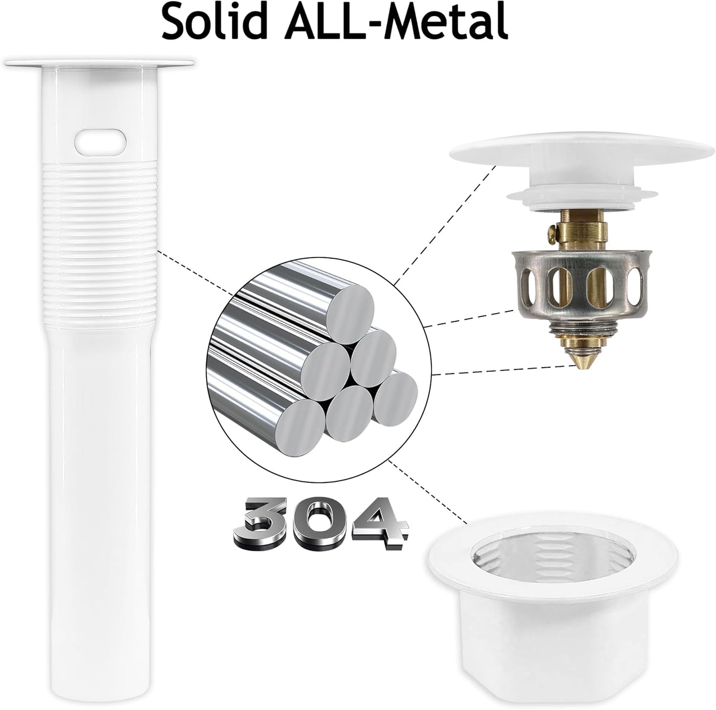 Bathroom Sink Drain,Drain Stopper Bathroom Sink with Overflow,Pop Up Drain Assembly with Detachable Strainer Basket,Built-in Anti-Clogging, Stainless Steel Nut White
