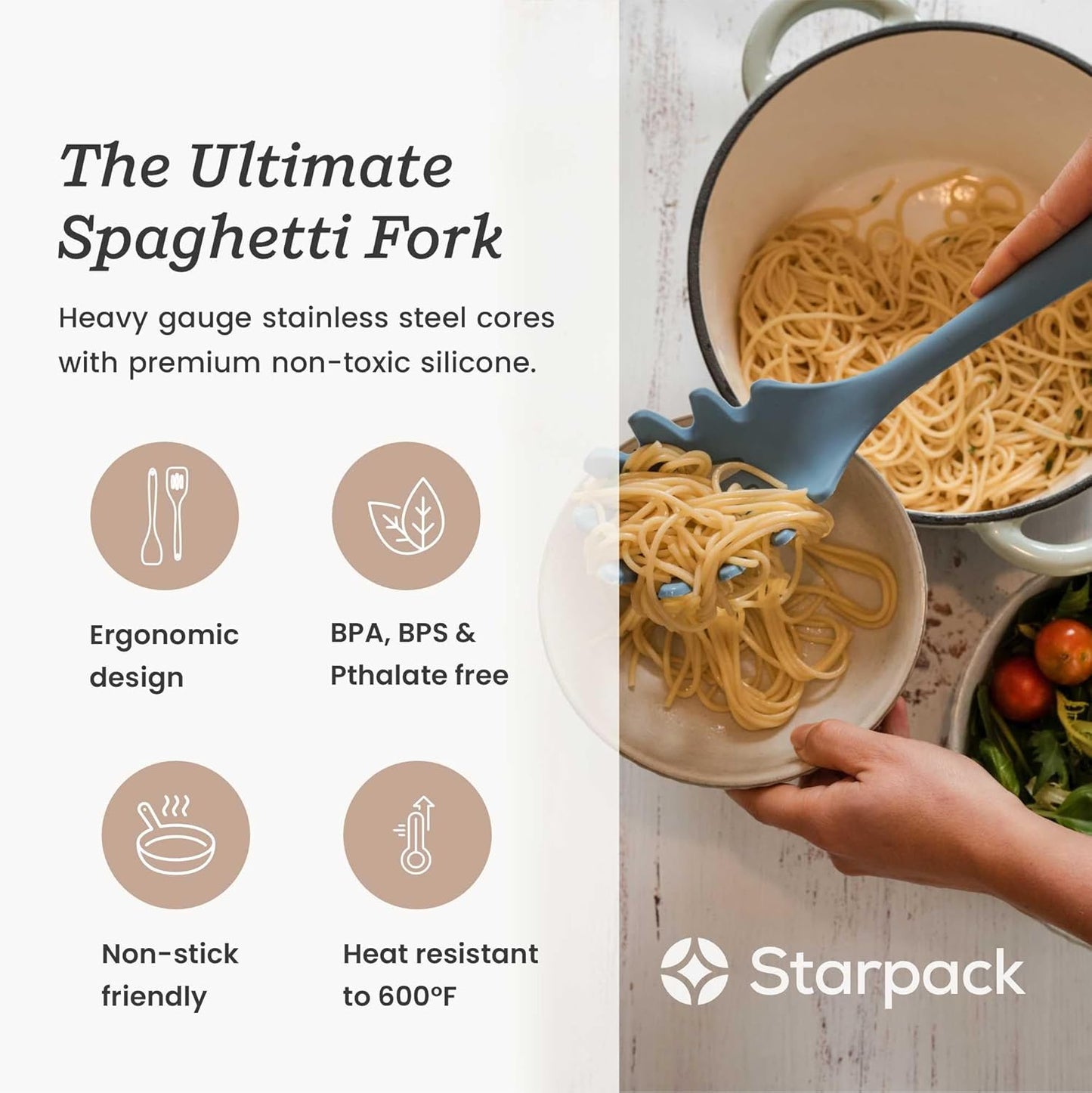 Starpack XL Premium Silicone Pasta Fork (13.5") - Spaghetti Spoons High Heat Resistant to 600°F - Silicone Pasta Spoon Strainer - Server Spoon with Teeth - Server Utensil for Pastas