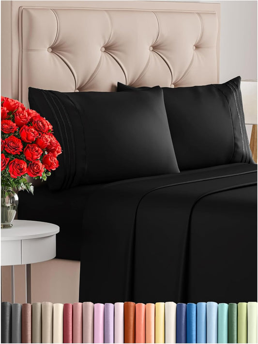 Queen Size 4 Piece Sheet Set - Comfy Breathable & Cooling Bed Sheets Set - Hotel Luxury Bedding for Women, Men, Kids, Teens, Boys & Girls - Deep Pockets, Ultra-Soft, Wrinkle Free - Oeko-Tex - Black
