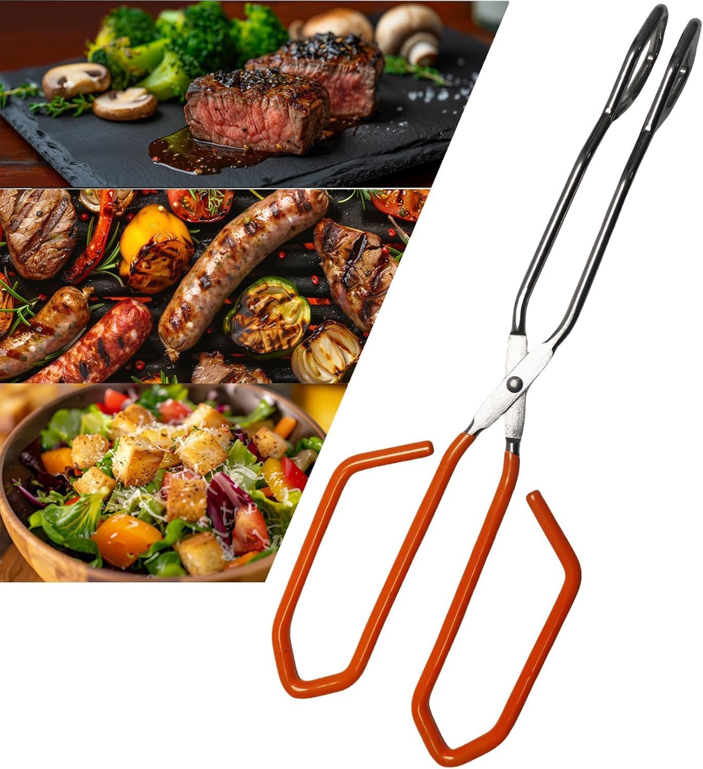 Stainless Steel Scissor Tongs, Heavy Duty, Kitchen Tongs for Food Cooking Barbecue BBQ Grilling and Serving 2pcs Orange
