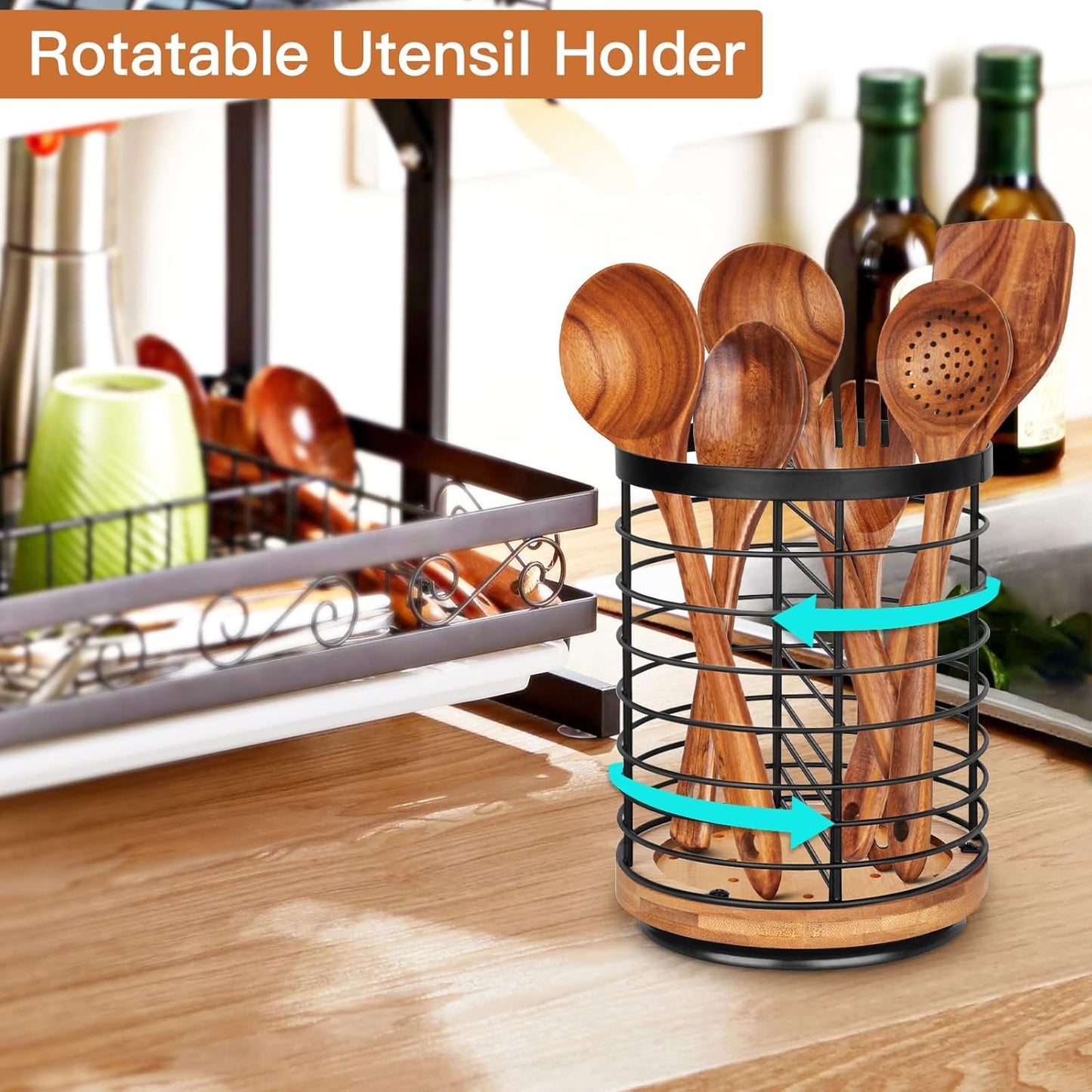 Utensil Holder for Kitchen Counter - 7.2" Large Rotating Utensil Crock, Wooden + Metal Base, Countertop Cooking Tool Spatula Organizer