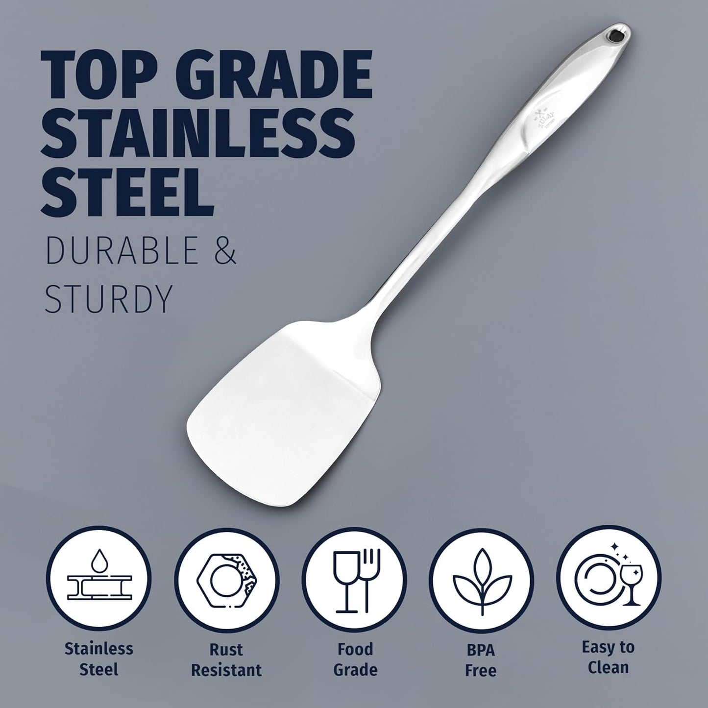 Zulay Kitchen Premium Stainless Steel Metal Spatula - Cooking Spoon Turner - Durable Cooking Utensil with Ergonomic, Easy to Use Handle - Easy to Clean, Perfect for at Home Cooks & Chefs - 15”