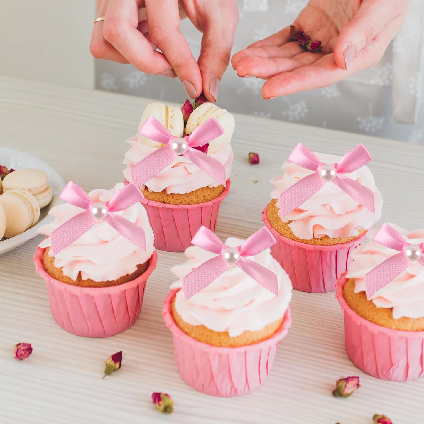 12 Pcs Mini Pink Pearl Bow Cake Toppers Pearl Bows Cake Decorations Ribbon Bowknot Birthday Cupcake Topper Pearls Bow Knot Ornament for Bachelorette Birthday Engagement Wedding Party Supplies