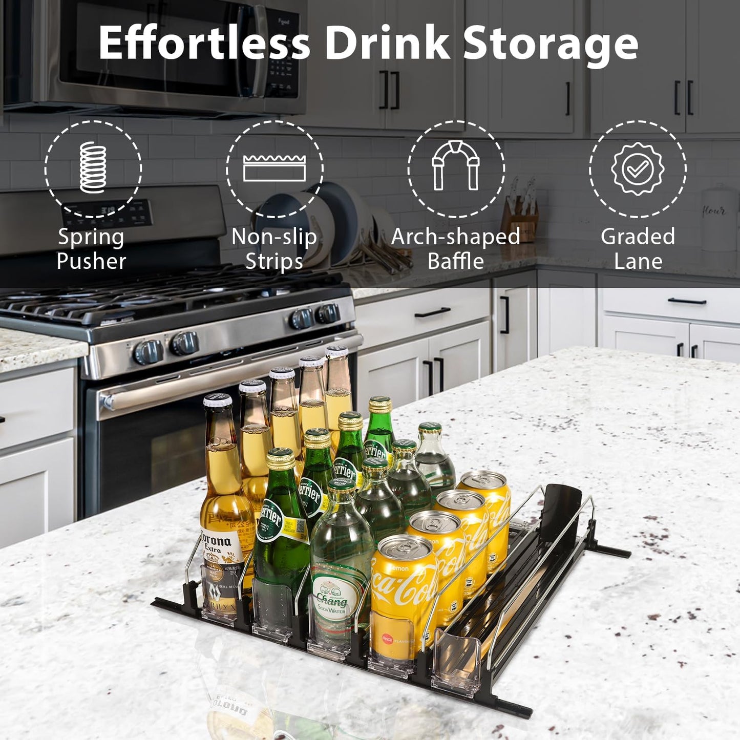 Upgraded Drink Organizer for Fridge – Adjustable Width Soda Can Organizer with Automatic Glide, Space-Saving Refrigerator Can Dispenser Holds Up to 25 Cans – Drink Holder for Fridge (5 Rows, Black)